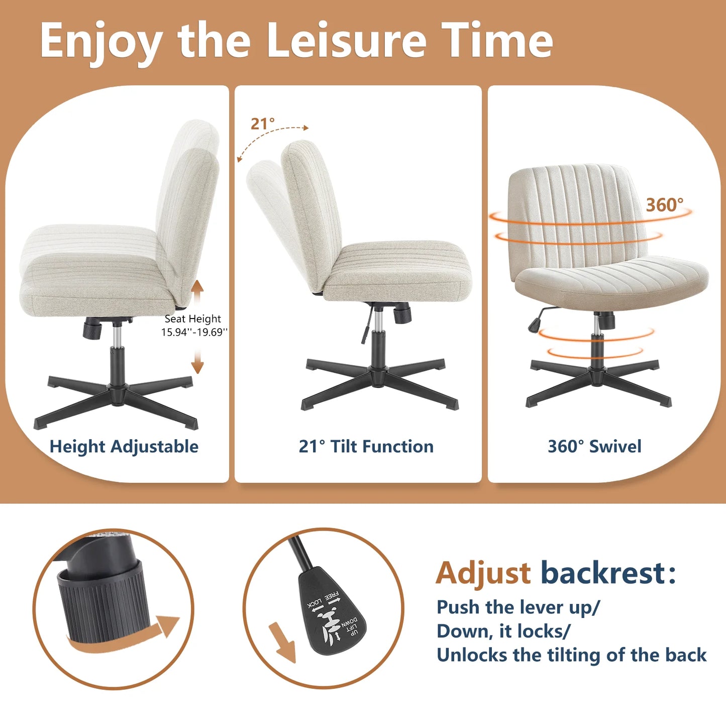 JHK Armless Rocking Office Chair With Fabric Upholstery
