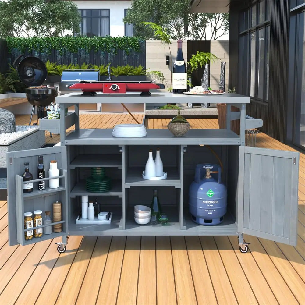 Outdoor Grill Table Stainless Steel Top Wood Kitchen Island Cabinet