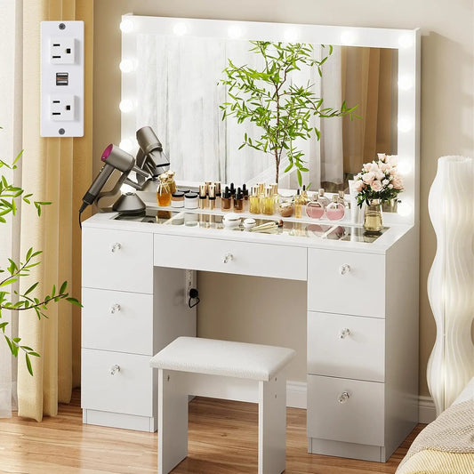 Vanity Lighted Mirror With 7 Drawers, Elegant Modern Design