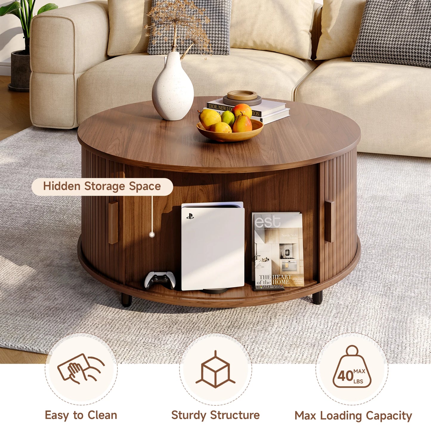 Round Coffee Table With Hidden Storage Sleek Modern Finish