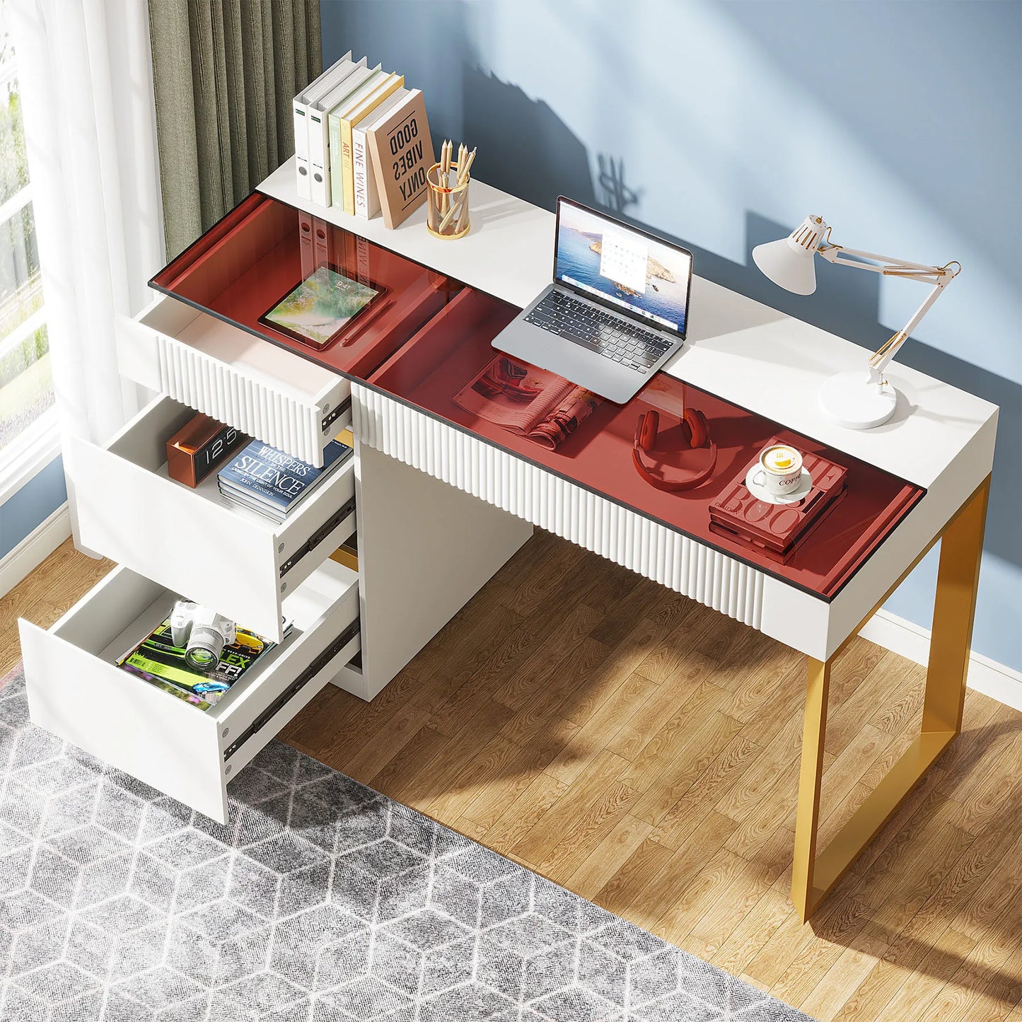 Tribesigns Computer Desk With Glass Top And 4 Drawers