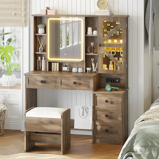 HUANZHUANG Farmhouse Vanity Desk With Mirror Jewelry Cabinet