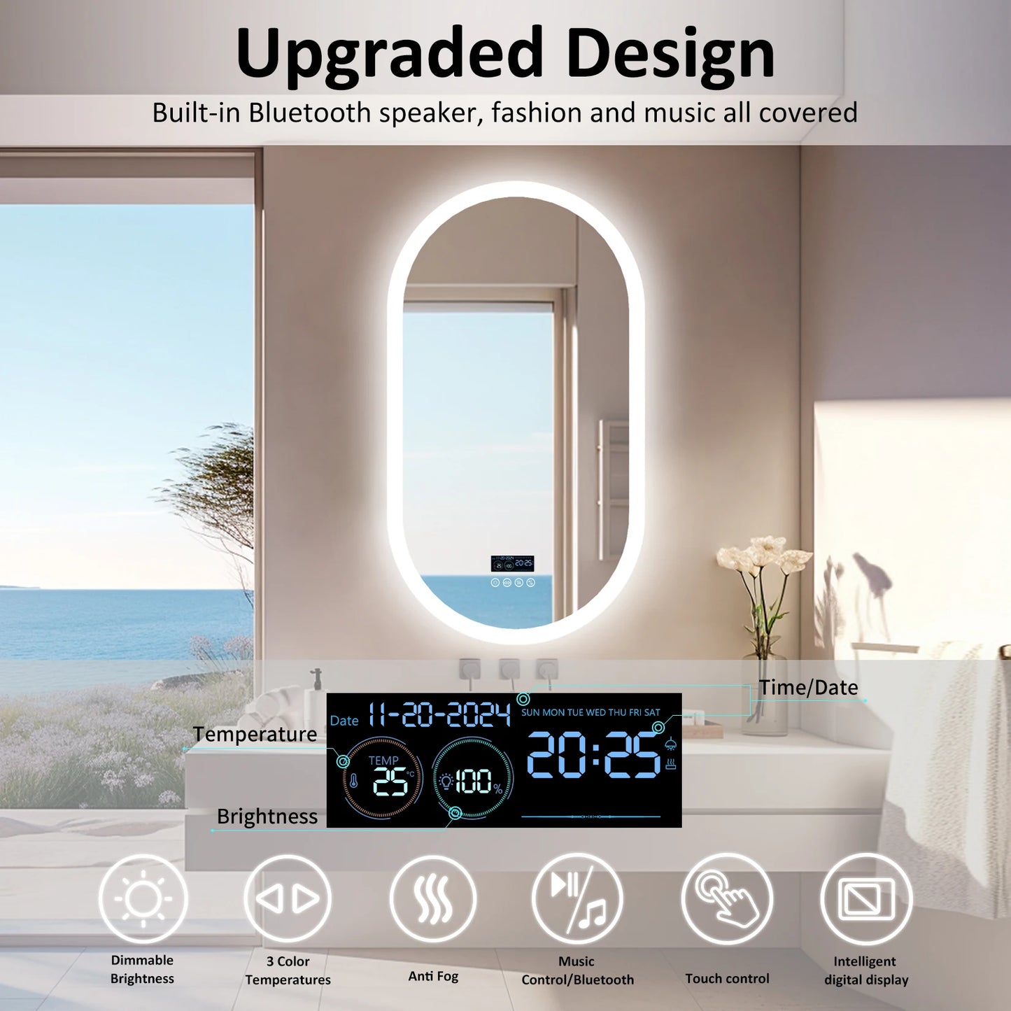 LUVODICRI Mirror Bluetooth Lighted Bathroom Vanity Backlit Anti Fog