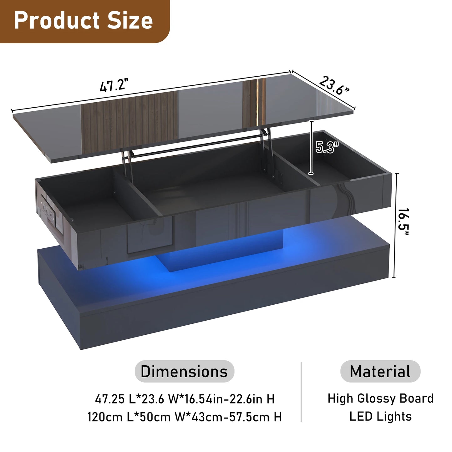 QiaoShiRen Coffee Table With LED Lighting And Open Shelf