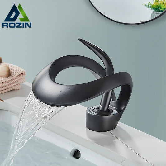 Rozin Basin Waterfall Brass Faucet, Deck Mount Hot Cold