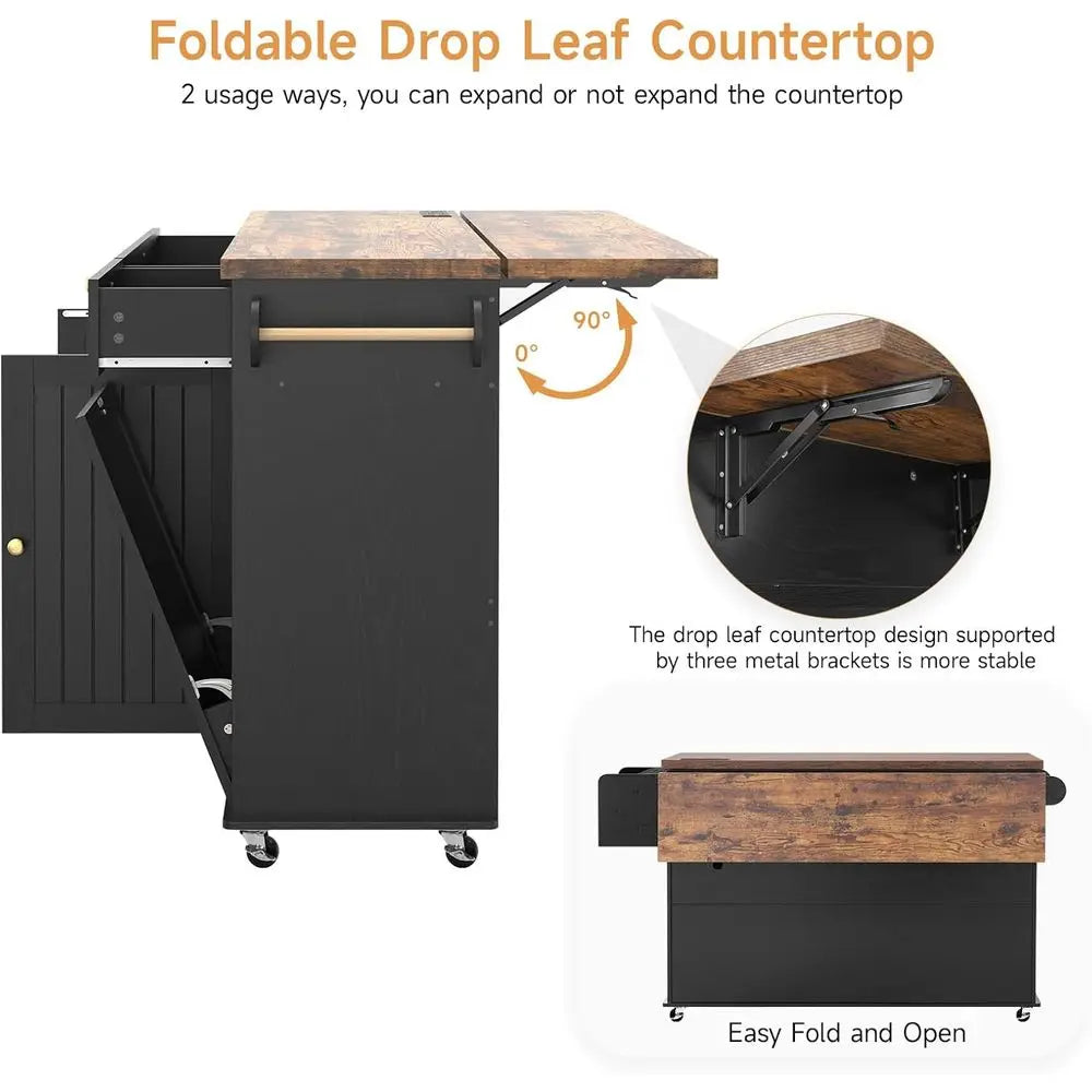 LISM Kitchen Island With Power Outlet And Drop Leaf