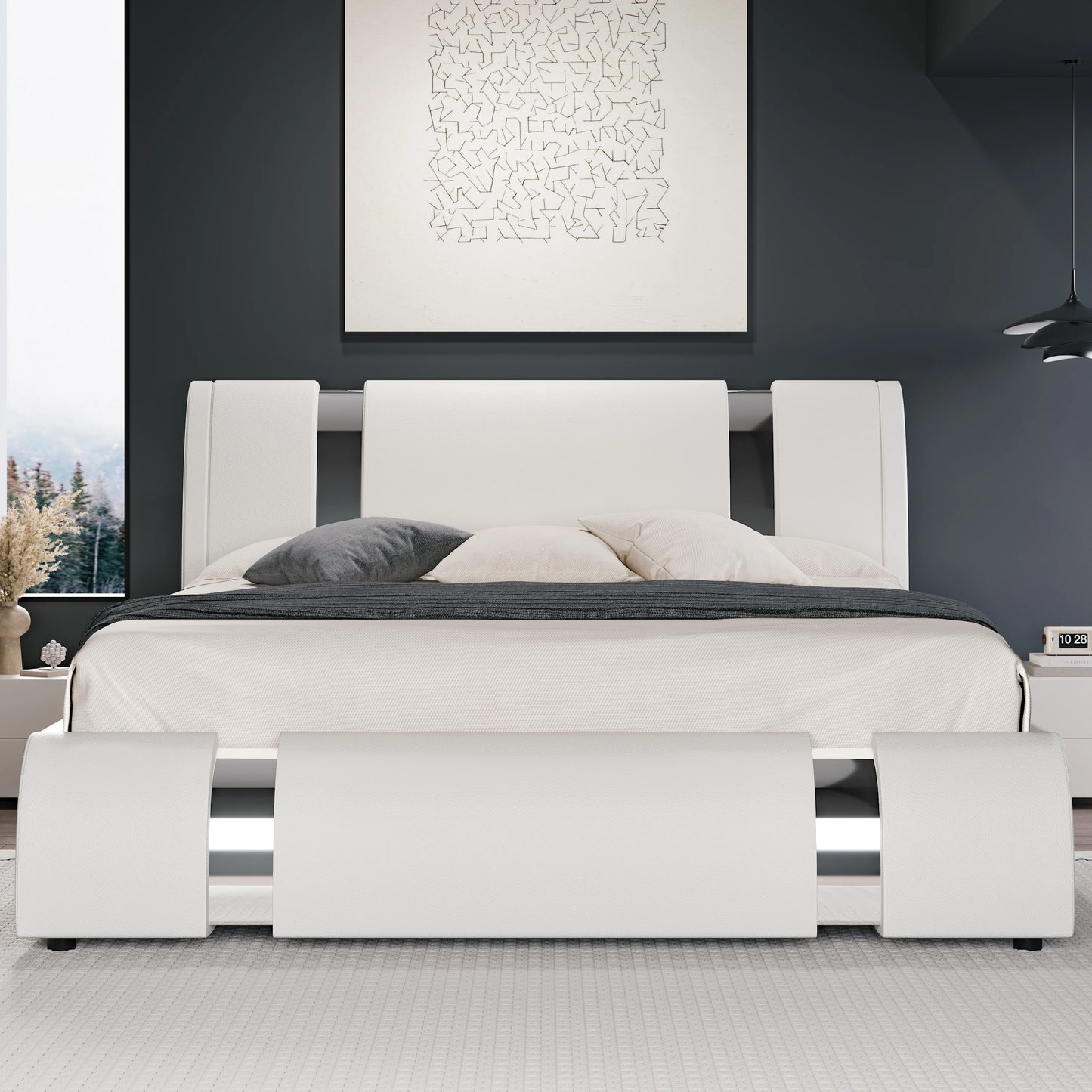 Hoomic Faux Leather Bed Frame With Iron Decor Low Profile