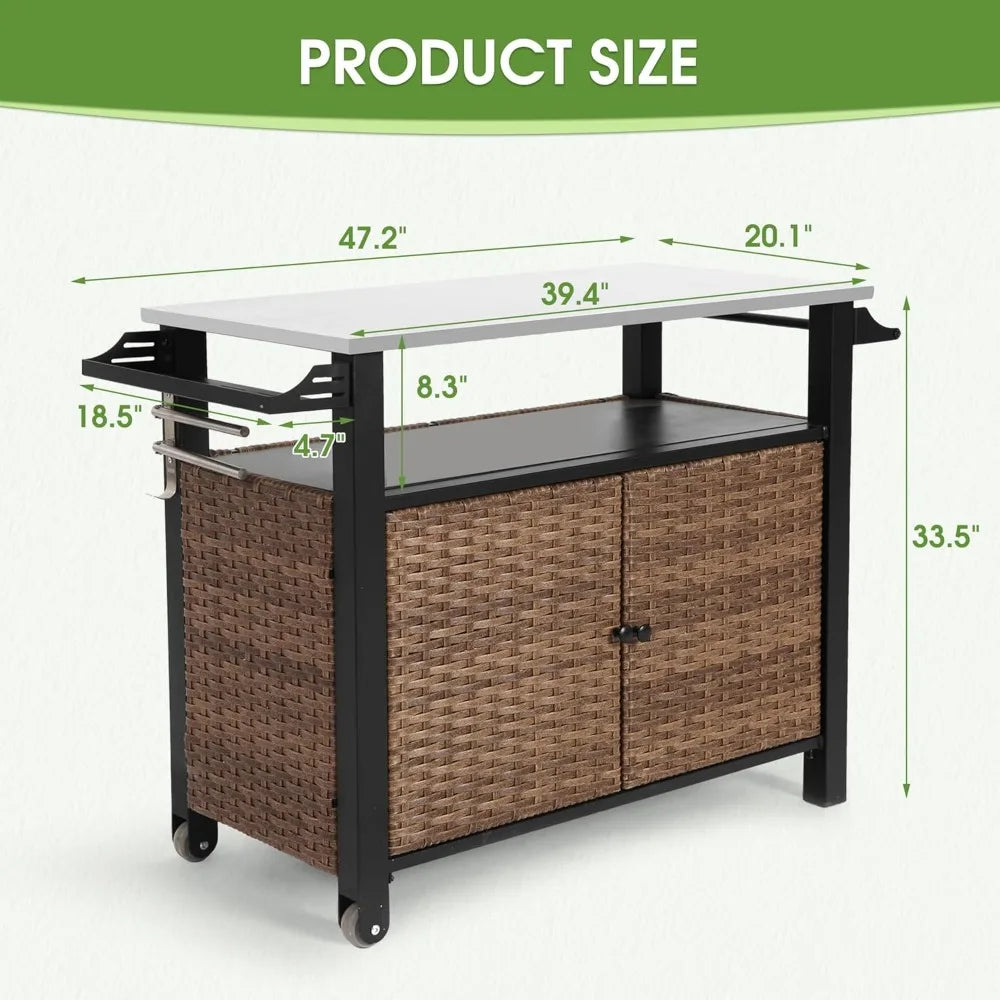 Outdoor Bar Cart Weatherproof With Hooks And Wheels