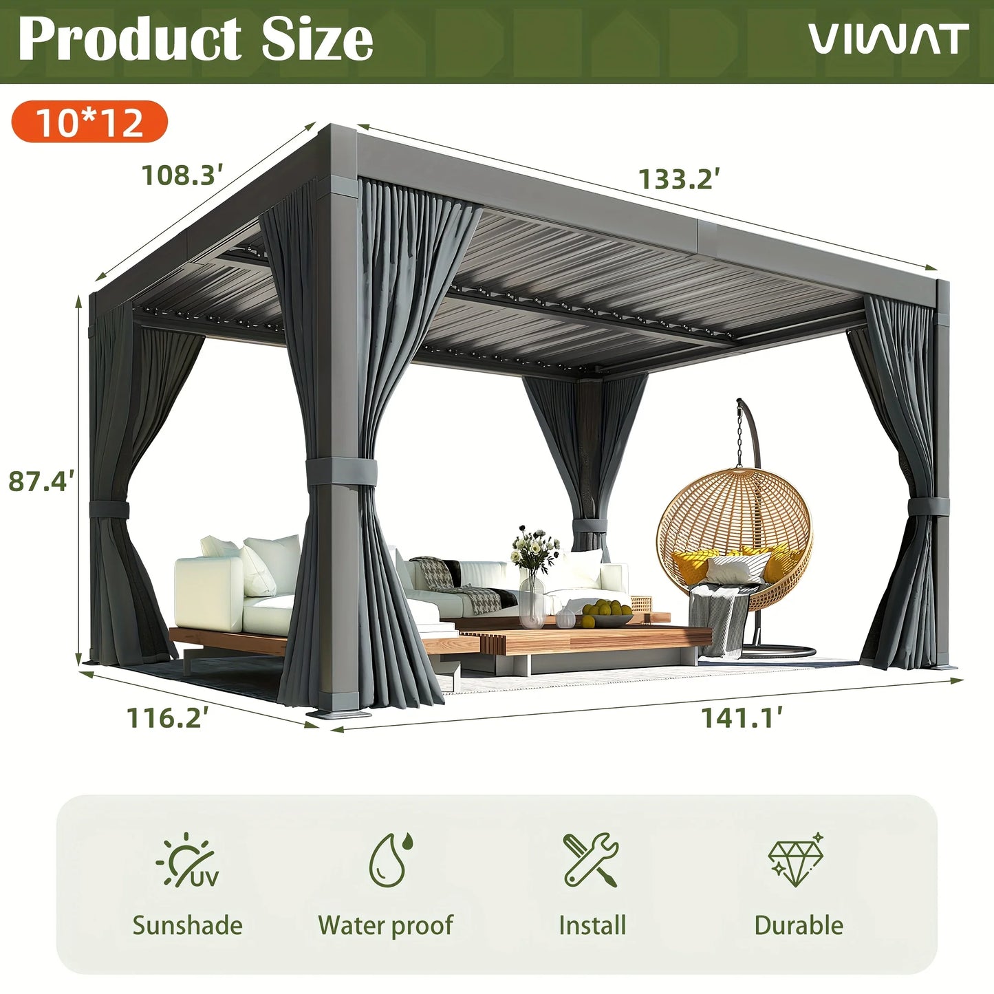 Pergola Aluminum Frame Louvered Waterproof Roof For Outdoor Patio