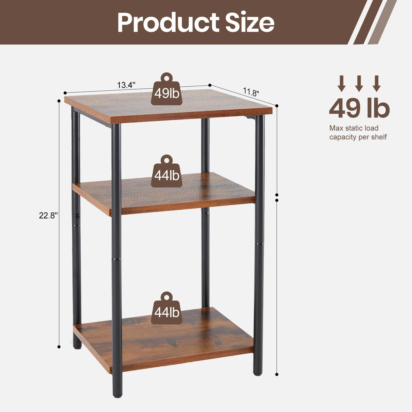 JHK End Table Three-Tier Steel Frame with Adjustable Feet Space-Saving