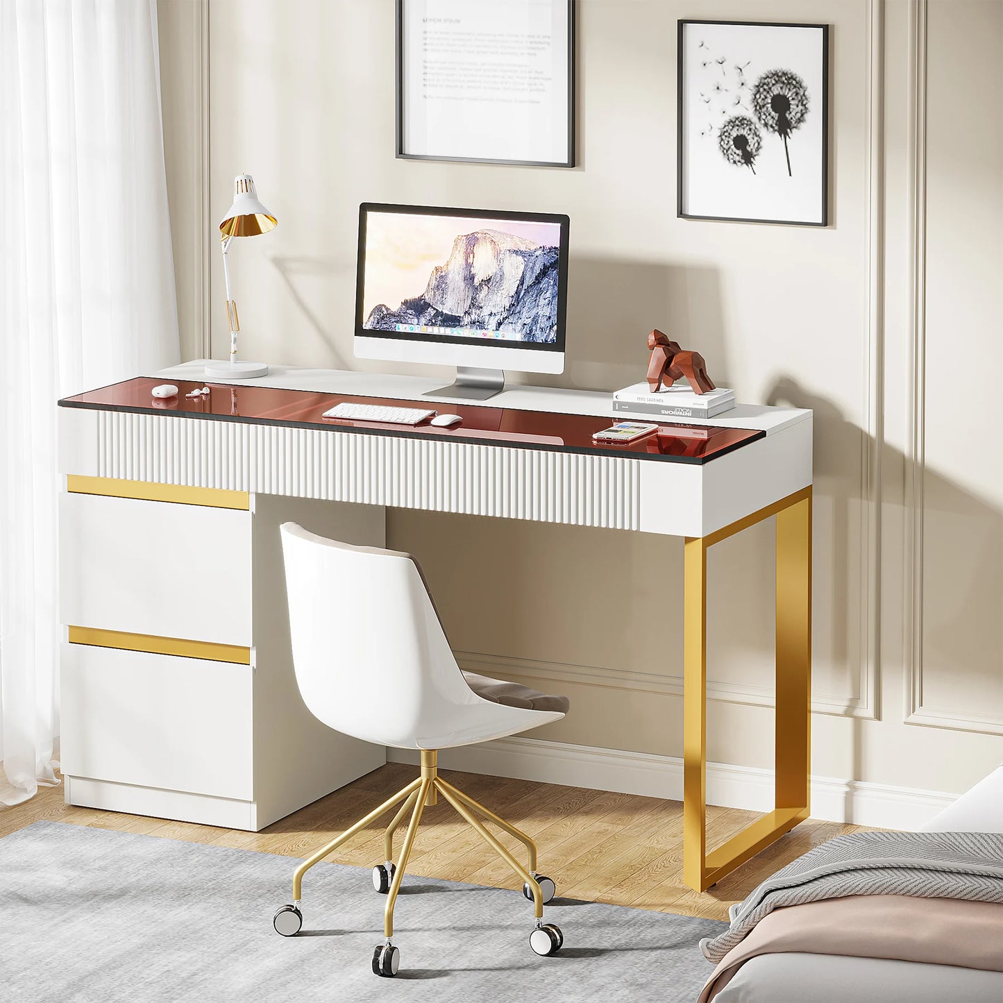 Tribesigns Computer Desk With Glass Top And 4 Drawers