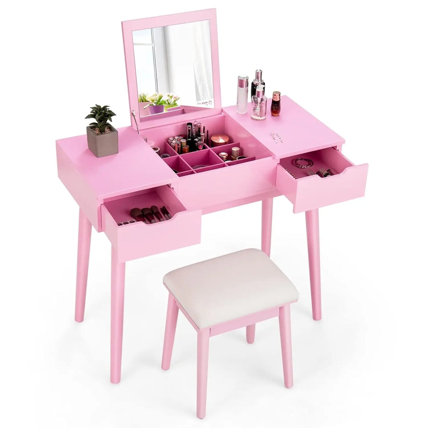 Vanity Set Danish Modern Pine Wood With Flip Top Mirror