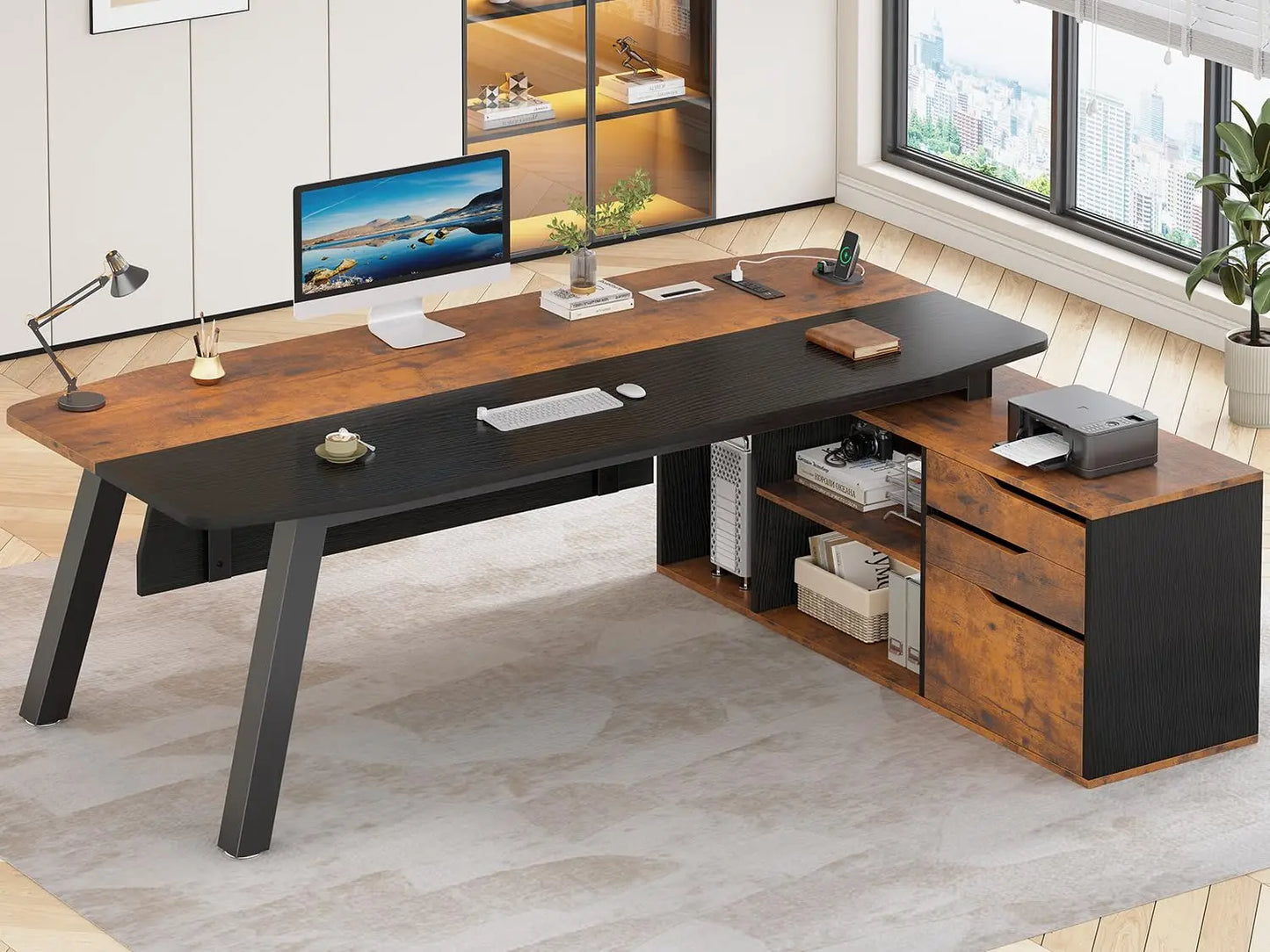 NONEDesk L-Shaped Executive Desk With Built-In USB Outlet
