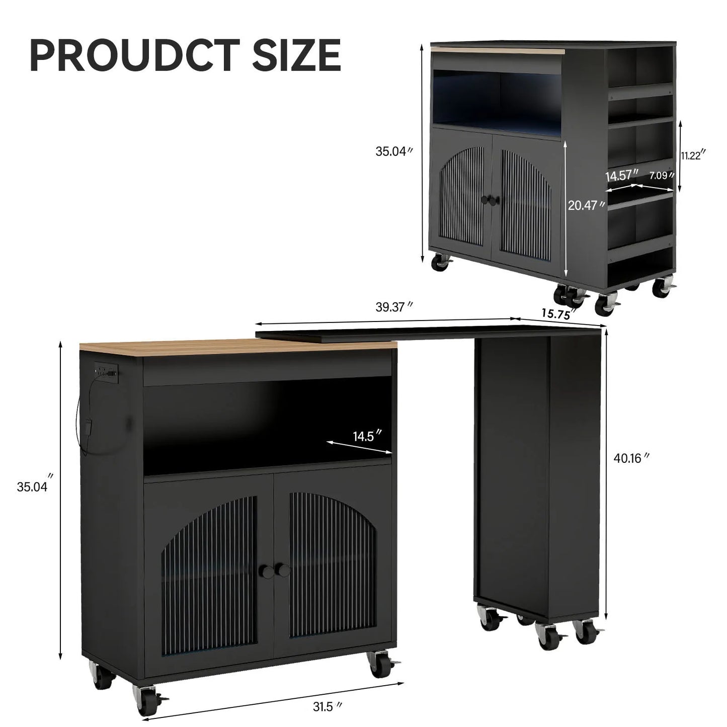 Kitchen Island On Wheels MDF Rolling Cart With LED Outlets
