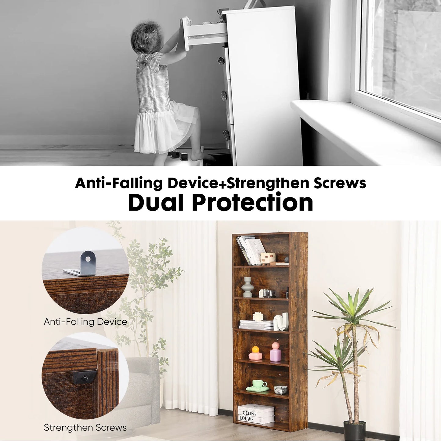 JHK 6-Tier Wooden Bookshelf Floor-Standing Open Bookcase