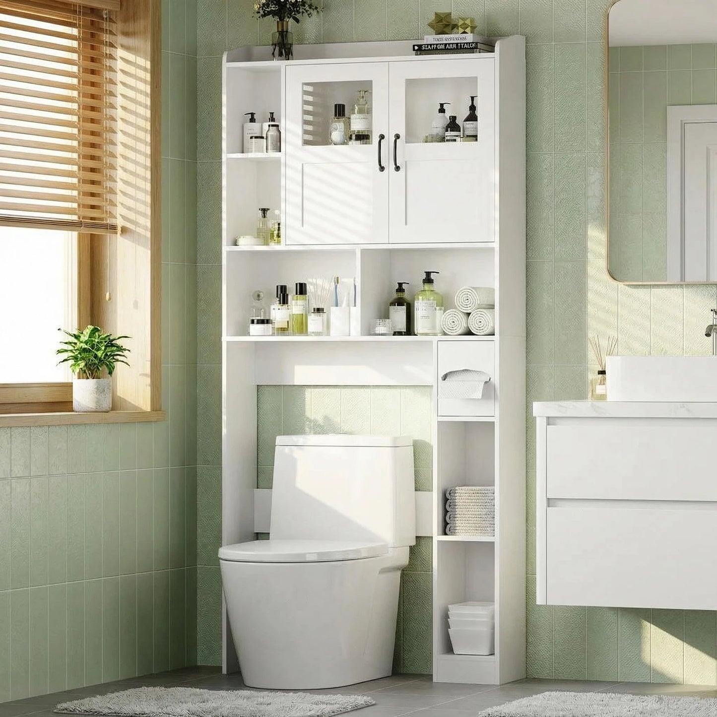 HiMISS Over Toilet Storage Cabinet Glass Door Modern Organizer