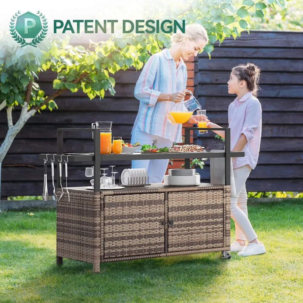 Outdoor Kitchen Wicker Island Rolling Cart With Glass Top