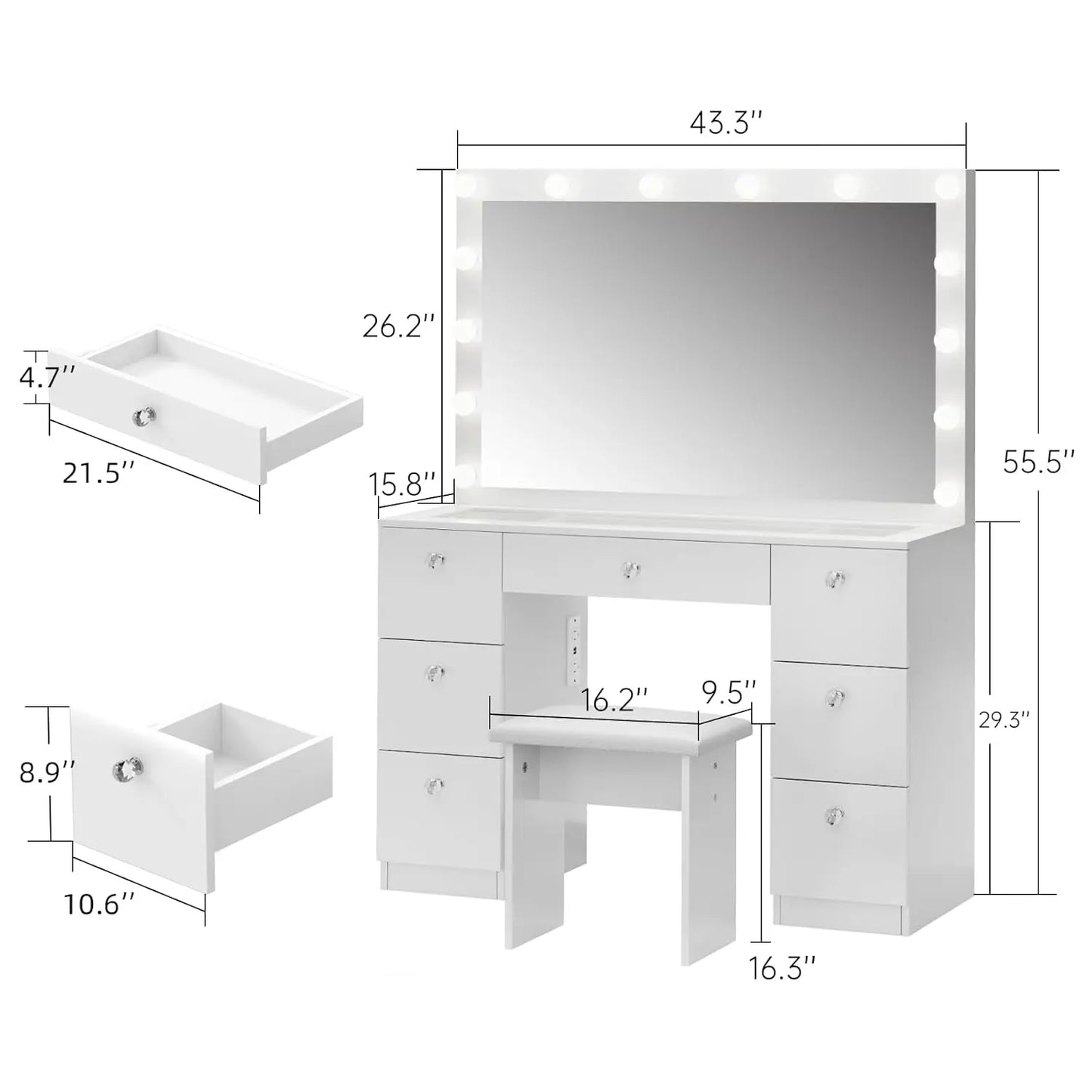 Vanity Lighted Mirror With 7 Drawers, Elegant Modern Design