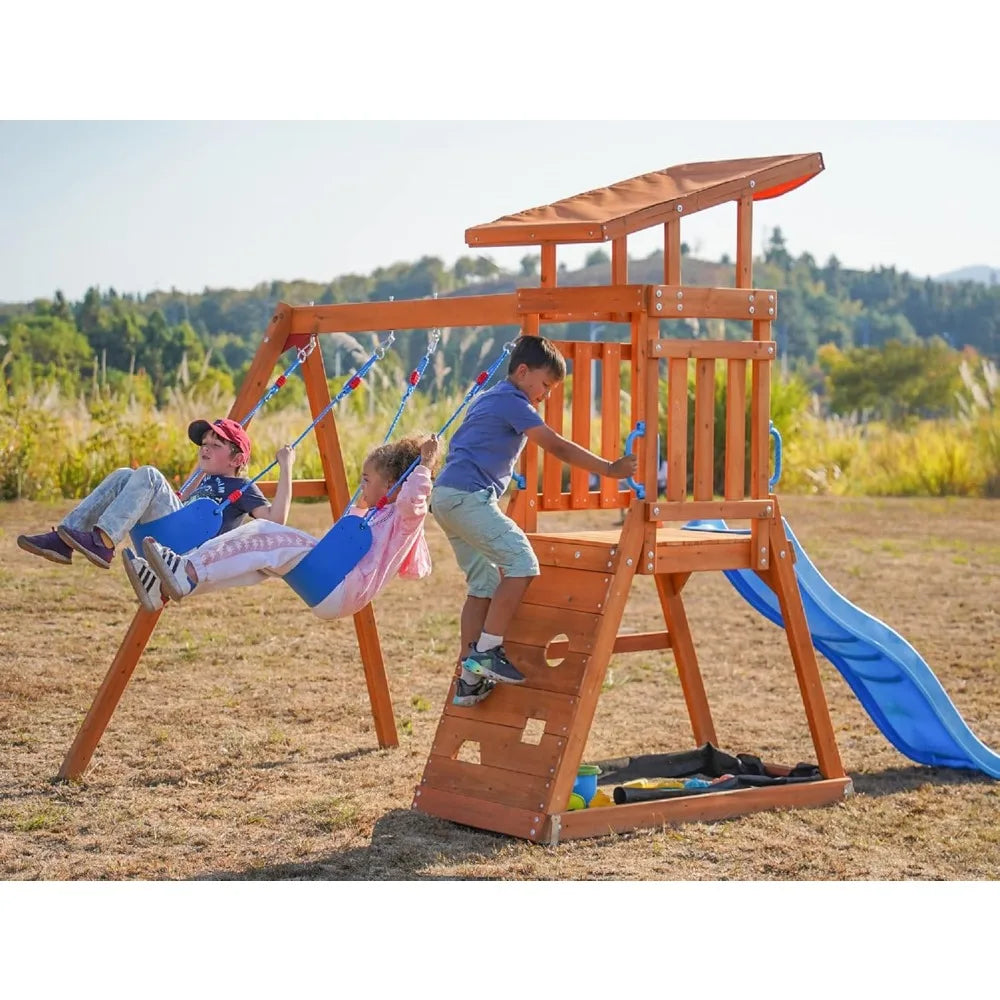 Wooden Swing Set Outdoor With 6ft Slide And Climbing Wall