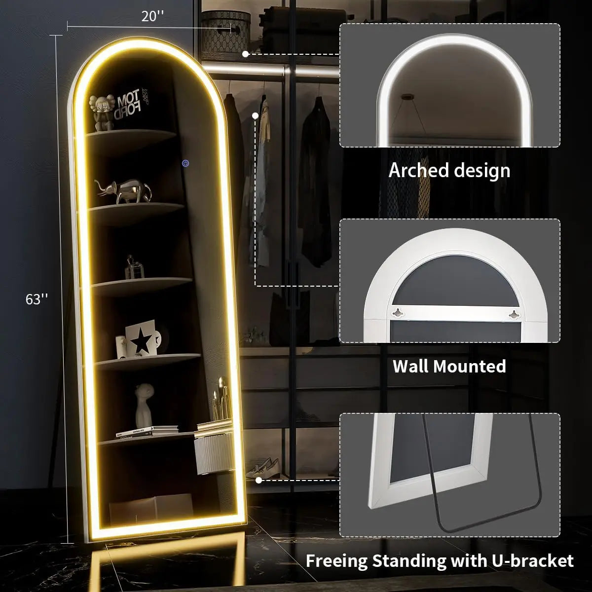 Koonmi Arched Full Length Mirror With LED Lights And Stand