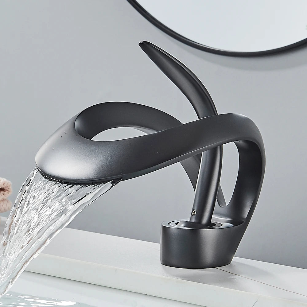 Rozin Basin Waterfall Brass Faucet, Deck Mount Hot Cold