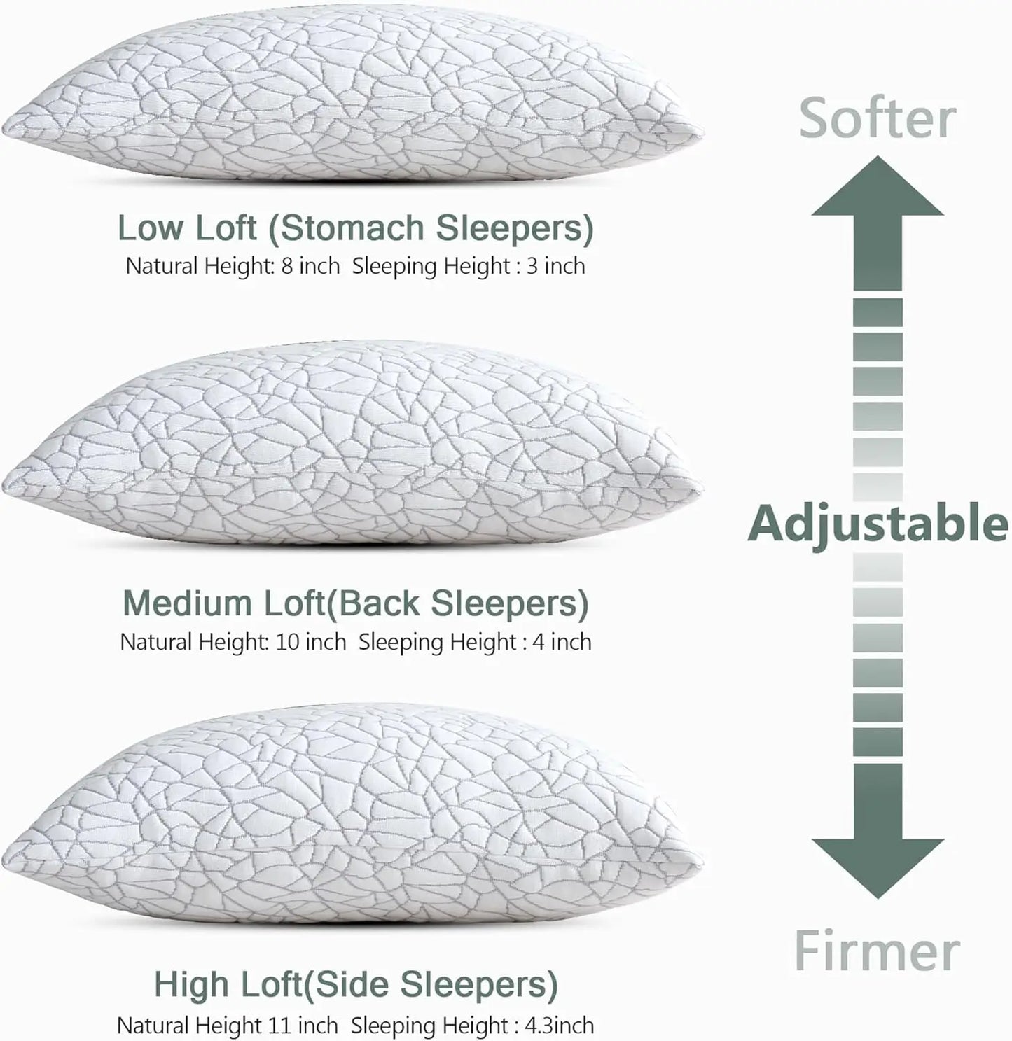 Rayon Derived from Bamboo Pillows King Size - Adjustable Shredded Memory Foam Pillow with Removable Cover Medium Firm Pillow for
