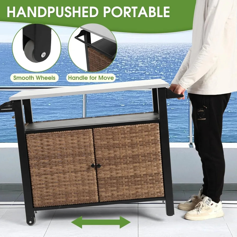 Outdoor Bar Cart Weatherproof With Hooks And Wheels
